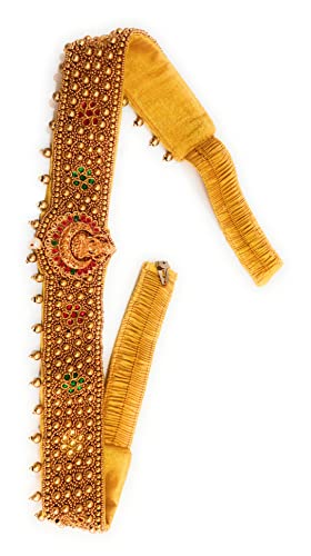 Traditional Laxmi Design Cloth Saree Waist Belt Stretchable Embroidery Kamarpatta Golden colour Kamarband for Women Temple Jewellery, XL, Cloth4