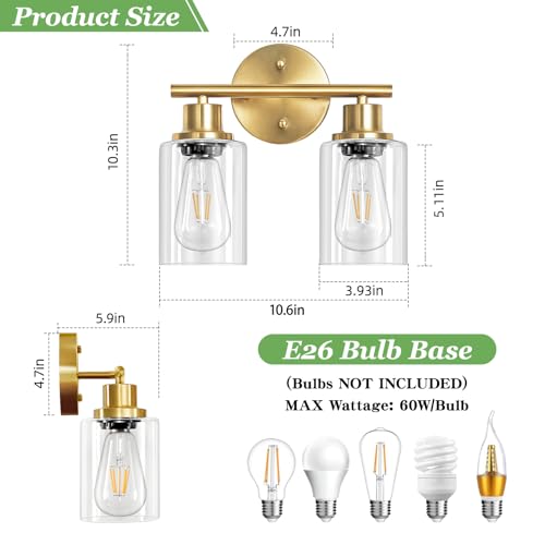 Image of 2-Light E26 Bathroom Light Fixtures, Modern Brushed Gold Vanity Lights for Bathroom with Clear Glass Shade, Mirror Kitchen Hallway Cabinet Living Room Sconces Wall Lights