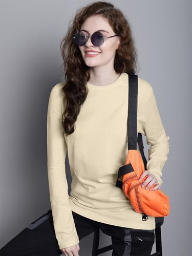 Image of JUNEBERRY Pure Cotton Round Neck Regular Fit Core Fashion Solid Full Sleeve T-Shirt for Women & Girls (Colors: Black, Cork, Green, Navy, Swanwhite & White)