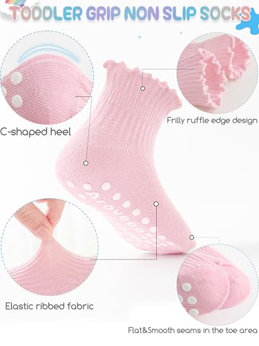 Image of Baby Toddler Girls Socks Grip Ruffle Non Slip Kids Cotton 12 Pack Socks | PREMIUM soft COTTON,full anti-slip grips,6month-7t grippy crew socks for girls,daily school all season wear,cute ruffle