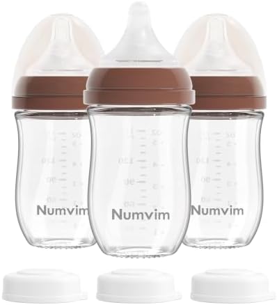 Natural Glass Baby Bottles Gentle & Slow Flow, Newborn Breastfeeding Bottle with Anti Colic Nipple for 0 Months Babies, 3 Packs (Brown (5 Ounce), 1 Count (Pack of 3))