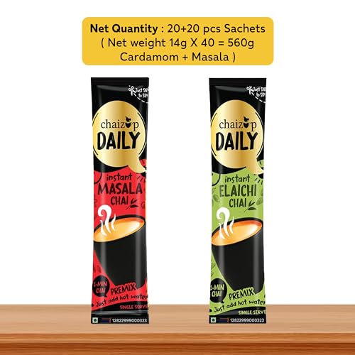 Image of Chaizup Daily 1 Min Instant Assorted Tea Pack - 40 Sachets | Elachi & Masala Flavour | 40 Servings | 2 Packs (20 Flavours Each) | 280g