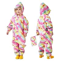 FILOWA Puddle Suit Kids Waterproof All in One Rainsuit Breathable Hooded Raincoat Girls Lightweight Dinosaur Printed Rainwear with Reflective Strip School Muddy Suit for Toddler 1-3 Years, Pink
