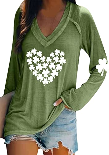 Image of BOFETA Women St Patricks Day Sweatshirts Loose Long Sleeve Shirts Green Shamrock Print Blouse Flowy Color Block Pullover Tops