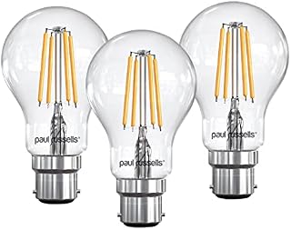 paul russells LED Filament GLS Light Bayonet Celling B22, 60w Equivalent A60 GLS Standard Globe 6.5W 806LM LED 2700K Warm White, Fittings BC Energy Saving Lamp, Pack of 3