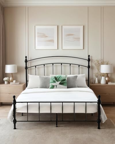 Queen Size Bed Frame, Metal Platform Bed with Arched Headboard, Retro Luxury Roman Column, Easy Set up, No Box Spring Needed, Storage Space Under-Bed (Queen)