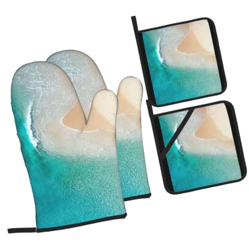 Gants de cuisine anti brûlure vert eau beige pour sortir les plats du four