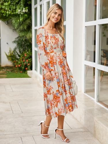 Image of Simplee Womens Long Sleeve Maxi Dress Casual Square Neck Smocked Flowy Fall Wedding Guest Dresses