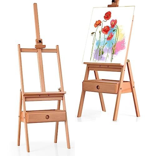 Caballete de artista con estante y cajón, caballete de madera de haya, caballete ajustable, caballete de estudio para lienzos de hasta 92 cm, caballete de suelo