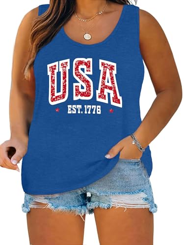 Image of Ithalt Plus Size 4th of July Tops for Women American Flag Tank Tops USA Patriotic Shirts Red White and Blue Sleeveless