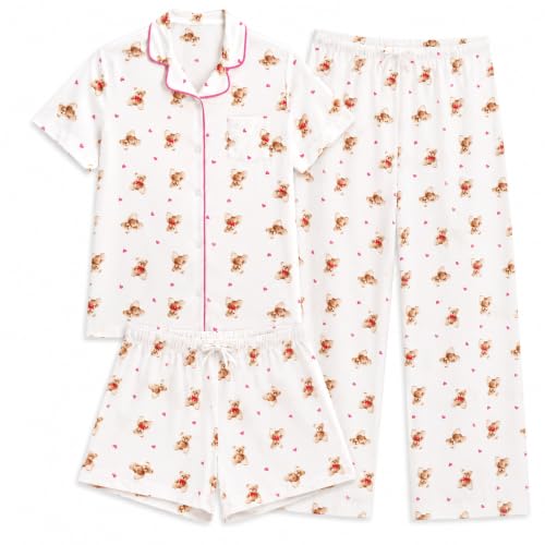 Image of US Angels Girls Pajama Set 3 Piece, Short Sleeve Button Down PJs with Shorts & Pants, Soft Sleepwear Girls & Tweens Size 5-16