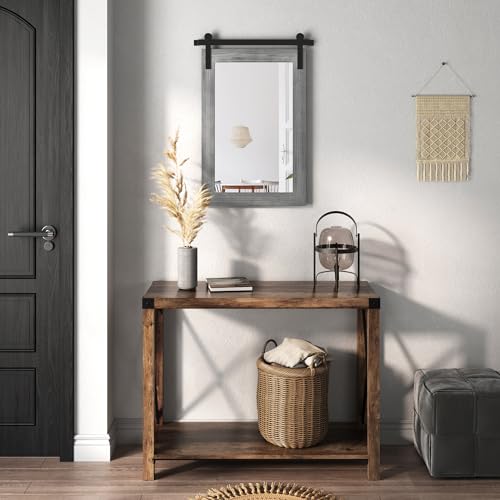 Image of COGOOD Farmhouse Barn Door Mirror - 17 x 26 Rustic Wood Framed Wall for Bathroom, Living Room, Entryway Decor (Grey) 17x26
