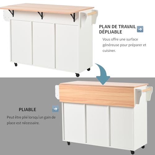 Sapgaks Îles de Cuisine Mobiles 139 x 46 (71) x 91,5 cm avec Plan de Travail Rabattable et étagères intégrées aux Portes,Buffet de Salle à Manger avec 3 tiroirs,Chariot de Cuisine sur roulettes,Blanc – vue 5