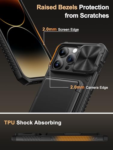 Image of Vihibii for iPhone 14 Pro Max Back Cover with Card Holder (4 Cards) [RFID Blocking] & Slide Camera Cover, Military Grade Drop Protection, Rugged Hard Back & Silicone Edge Wallet Phone Case 6.7 inch, Black