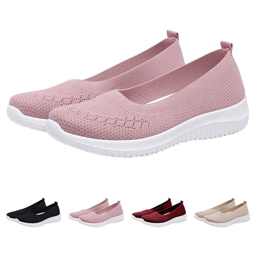 Summer Flat Shoes for Women Wide Fit Orthopedic Walking Shoes Ladies Breathable Mesh Slip on Shoe Comfortable Arch Support Soft Sole Flats Low-Top Round Toe Shoe Hollow Ballet Pumps Flats Pink - Image 4