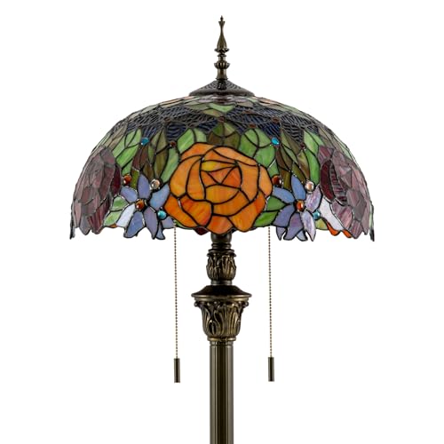 Image of Tiffany Style Floor Lamp, 16 inch Stained Glass Rose Floral Shade with Antique Bronze Base, 2-Light E26 Pull Chain Standing Reading Light for Living Room, Bedroom, UL Listed, 16x16x64 Inches