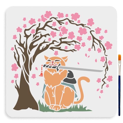 MAYJOYDIY 2 Plantillas De Flores De Cerezo De 30 X 30 Cm, Plantilla Grande De Flores Florecientes Con Pincel De Pintura, Plantilla Cuadrada De Dibujo De Estilo Japonés Para Paredes De Madera