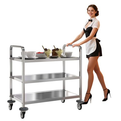 uyoyous 3 Tier Stainless Steel Utility Cart Commercial Serving cart with 360°Rotation Wheels Kitchen Island Load Up 400 lbs Stainless Steel Work Cart for Hotel Restaurant Home 30" L x 16" W x 33" H