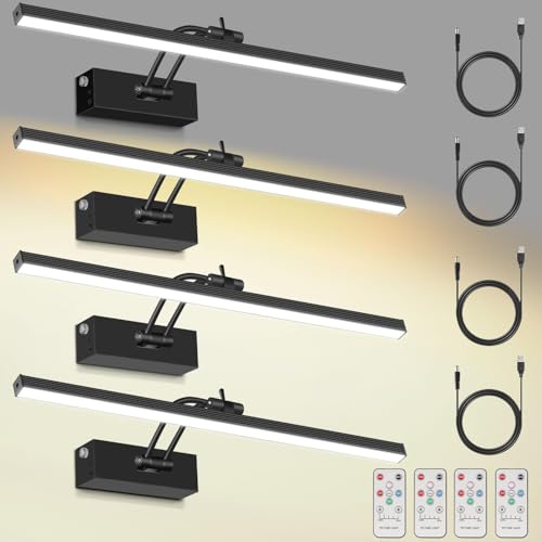 Image of 4 Pack Rechargeable Picture Light, 5200mAh Black Battery Operated Picture Lights for Wall with Remote Control, 300LM 3000K Warm White Light 16 inch Metal Dimmable Picture Light for Painting & Artwork