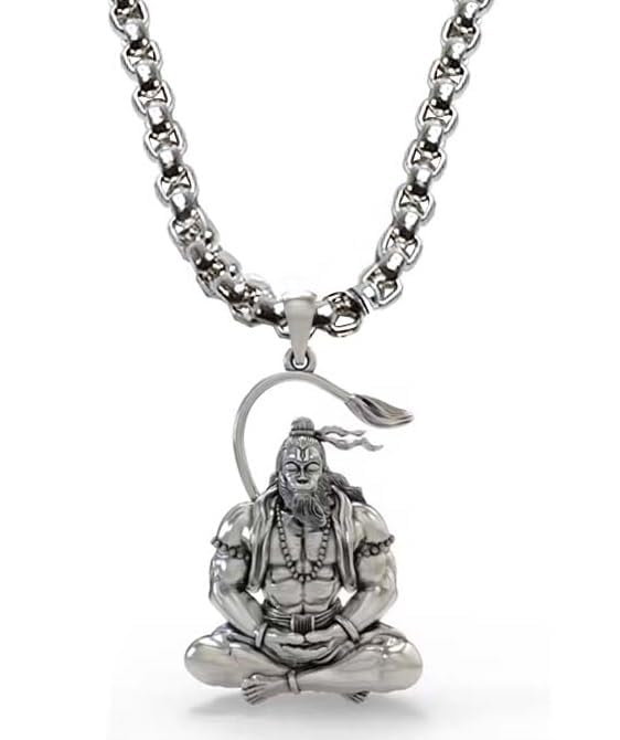 Unisex Stainless Steel Hindu God Lord Mahavir Mahabali Shri Bajrangbali Sankat Mochan Ram Bhakt Pavan Putara Sitting Meditation Yoga Hanuman Ji Locket Pendant Necklace With Box Chain