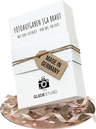 GLEDESTUND Fotoaufgaben JGA Frauen 60 Karten mit 50 kreativen Aufgaben + 10 Blanko-Karten Nachhaltig produziertes JGA Spiel Modernes Schlichtes Design für Jung & Alt