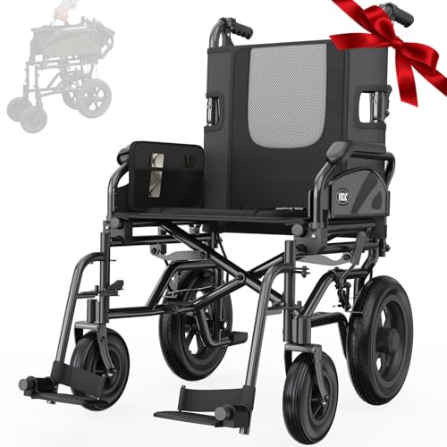 VOCIC Lightweight Wheelchair for Adults, 13KG Folding Wheelchair, Up to 136KG, Double Brakes, 30cm All Terrain Tires for Transport Travel Lightweight Folding Wheelchairs, 5 Year Support(Grey)