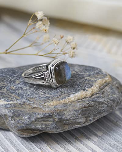 YoTreasure 2.63 Ct. Cushion-Shaped Labradorite White Zircon 925 Sterling Silver Gemstone Ring Jewelry2