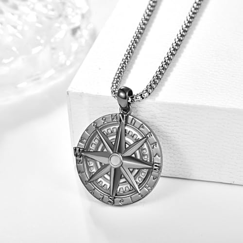 KINGWHYTE Compass Necklace S925 Sterling Silver Viking Rune Compass Pendant Nordic Pagan Jewelry Gifts for Men With Stainless Steel Chain-22+2inch(Black Gold)2