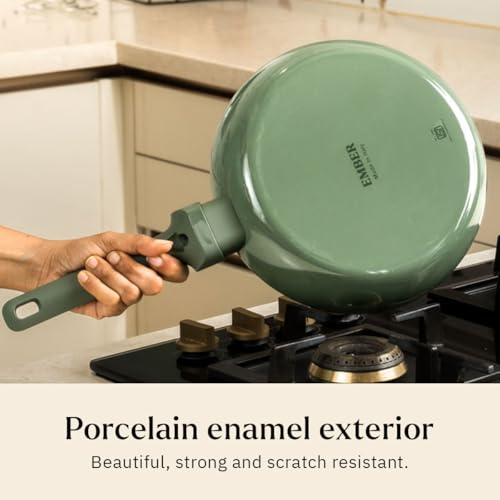 Image of Ember Cookware Arcilla Ceramic Frying Pan 24 cm with Glass Lid | 5-Year Warranty | 75% Less Oil Usage | Lightweight, Non-Toxic Non-Stick Ceramic Frypan | Matching Handle- Gas Compatible | Green