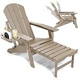 NAVINE Adjustable Adirondack Chair with Retractable Ottoman, HDPE Folding Adirondack Chair with Cup Holder, All Weather Fire Pit Chair for Outdoor.