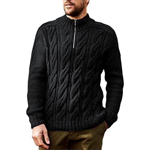 Pull col rond zippé homme en tricot noir épais taille S pour l'hiver