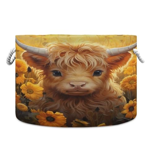 Round Cute Brown Highland Cow Yak Sunflower Storage Basket Large Organizer Bin Laundry Hamper Toy Storage Basket with Handle for Nursery Clothes Toys 202b4845