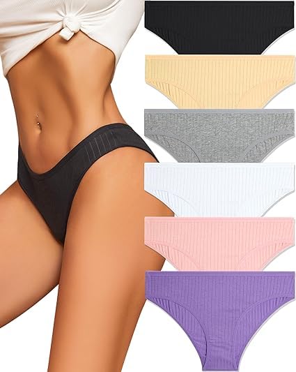 Image of N SHAP LINGERIE'S 6-Pack Cotton Underwear for Women Sexy Low Rise Ribbed Hipster Breathable Soft Womens Bikini Panties Cheeky S-XL