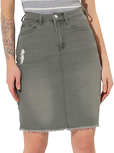 Allegra K Women's Basic Distressed High Waist Ripped Hem Washed Jeans Denim Skirt