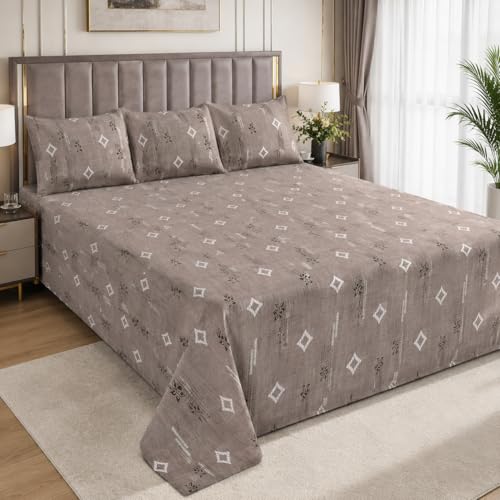 Image of 100% Pure Cotton King Size Bedsheet with 3 Pillow Covers | Family Size 90 x 100 Inches | Soft & Breathable Cotton Bedsheet fits Double Bed, Queen Bed, King Bed | Dark Beige Geometric Print