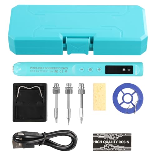 Shengxi Kit de Soldador Inalámbrico, Soldador Estaño Recargable USB con Pantalla LED Digital, Temperatura Ajustable 260 420°C, 3 Puntos de Soldadura, Alambre y Pasta de Soldadura (Azul)