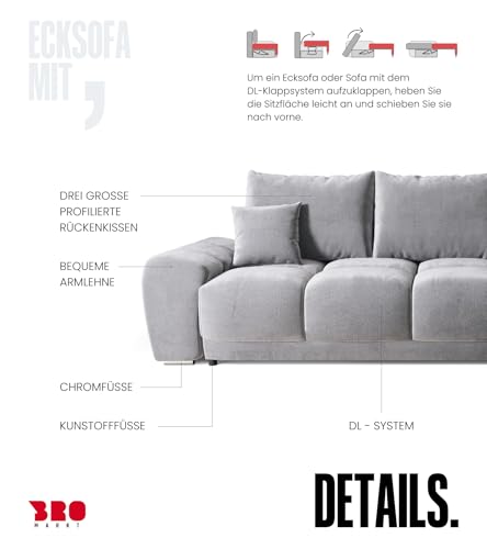 BROMARKT Ecksofa mit Schlaffunktion und Bettkasten Sofa L Form Couch 294x184 cm Fünfsitzer Wohnzimmer Eckcouch Bettsofa Schlafsofa Wohnlandschaft NUBES Grau