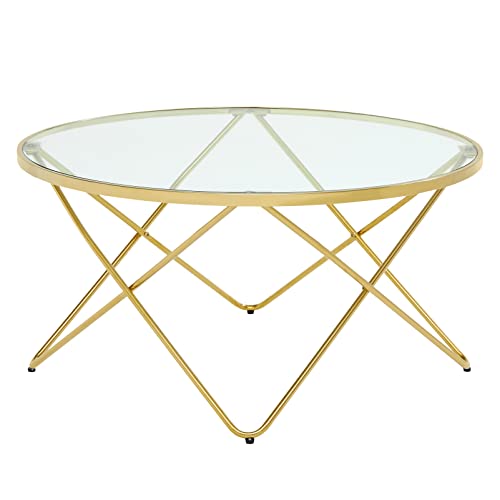 Round Glass Coffee Table, 31.4" Tempered Glass Top, Sturdy Chrome Legs, Adjustable Foot Pads, Modern Accent Side Sofa Table For Living Room, Dining Room,Tea, Home(Gold) #TOP5