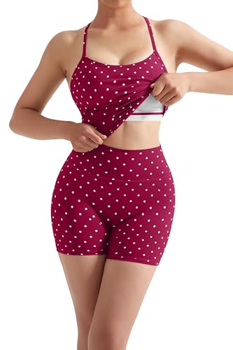Image of SUUKSESS Women 2 Piece Workout Sets High Waisted Tummy Control Biker Shorts Halter Padded Tank Tops