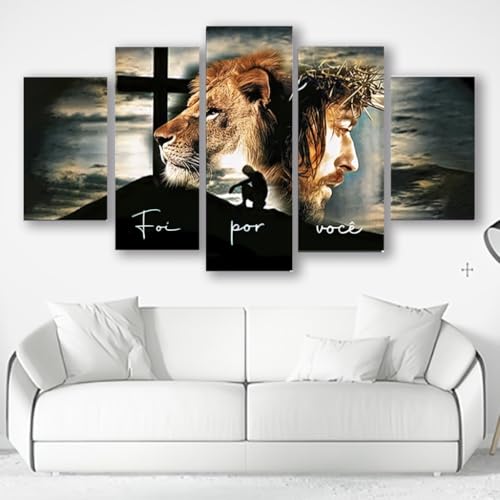 Kit Quadros Decorativos Mosaico 5 Peças Arte Realista Jesus Cristo Leão Judá Frase Salmo Foi Por Voc