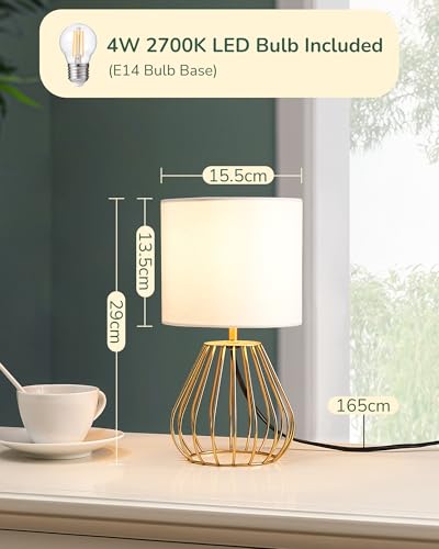 EDISHINE Bedside Lamp, Table Lamp with Metal Cage Base & Linen Lampshade, Modern Lamps for Living Room Bedroom, E14 Socket (Bulb Included), Teardrop Cage, Gold - Image 4