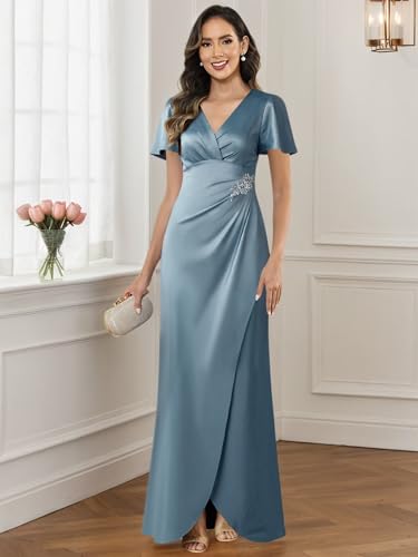 VCCICANY Short Sleeve Mother of The Bride Dresses for Women Satin V Neck Ruched Long Evening Formal Gowns3