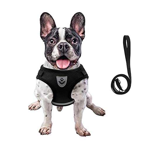 Image of FEimaX Dog Harness and Leash Set for Walking, Soft Mesh Adjustable Easy Control Lightweight Cat Vest Harnesses with Reflective Strips, Escape Proof Small Dogs Cats Vests (Black, Large)