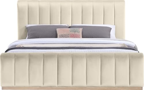 Image of Meridian Furniture AmaraCream-K Collection Modern | Contemporary King Bed, Ultra Luxe Cream 460 GSM Velvet, Natural Finish, Solid Wood Base and Inner Frame, 82.5 inch W x 99 inch D x 51 inch H, Cream, King