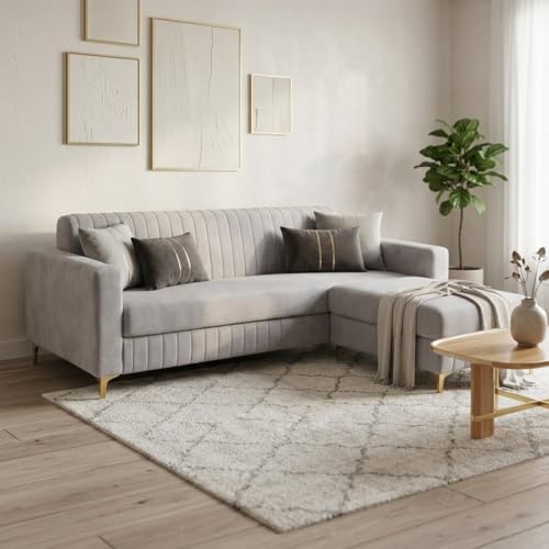 Image of CASASTYLE Noviq 4 Seater L Shape Sofa Set with Movable Ottoman | Flexible Left or Right Layout | Cozy Velvet Fabric | Soft Touch Seating | Modern Designer Sofa for Living Room (Light Grey)