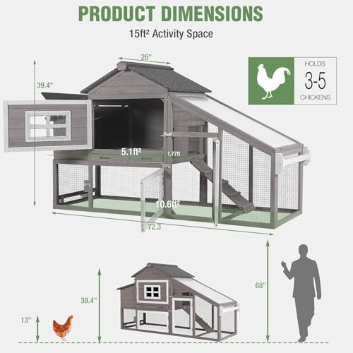 Image of Mobile Chicken Coop with Run Large Hen House with Wheels Chicken House Poultry Cage with Nesting Box, Pull-Out Tray, Waterproof Roof for 3-5 Chickens (Brown, 72.3 inch L x 26 inch W x 39.4 inch H)