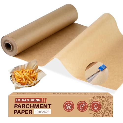 Lista de Papel pergamino los más recomendados. 47 Rollo de Papel Pergamino 12' x 262 ft con Cortador Dentado, Papel para Freidora de Aire, Resistente y Antiadherente, Ideal para Hornear, Freidora de Aire, Vapor y Pan