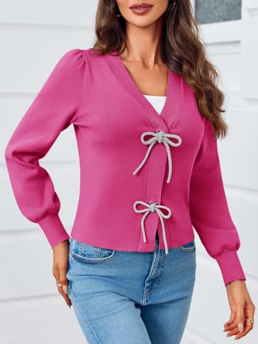 Image of Saodimallsu Womens Bow Button Front Cardigan Sweaters V Neck Cropped Knit Sweater