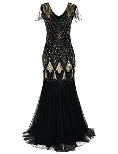 PrettyGuide Women 1920s Long Maxi Prom Gown Mermaid Wedding Dress with Sleeve L Gold
