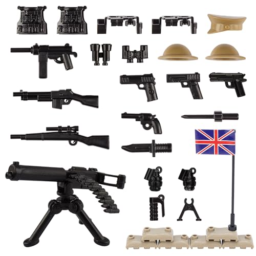 HIMIRICH Military Weapons Pack 24 Pcs UK Accessories Kits Toys, Army Equipment Gear WW2 Guns for Boys 6+, Compatible with Mini Figure of Major Brand